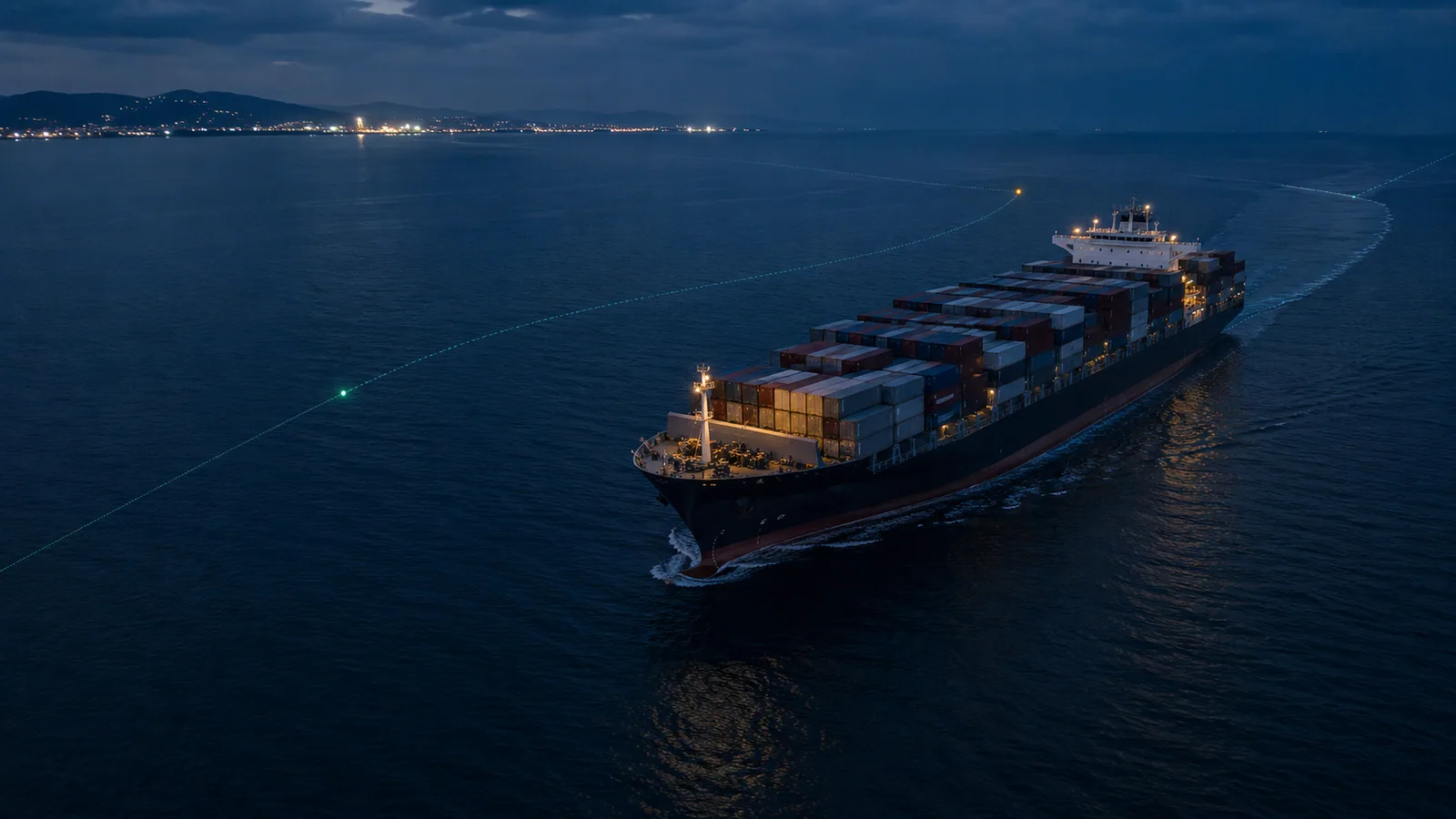 Container vessel underway with a discreet operational route overlay